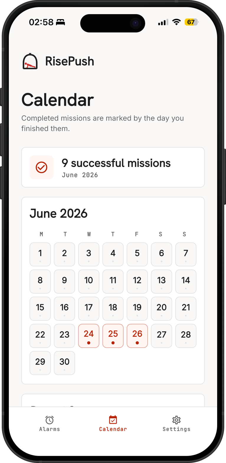 RisePush completion calendar screen