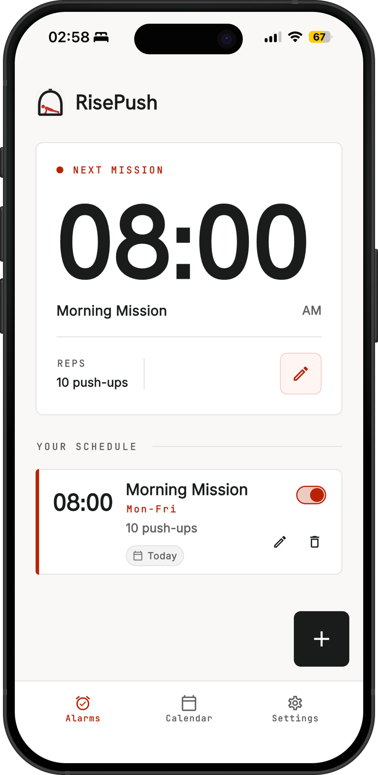 RisePush alarm list screen